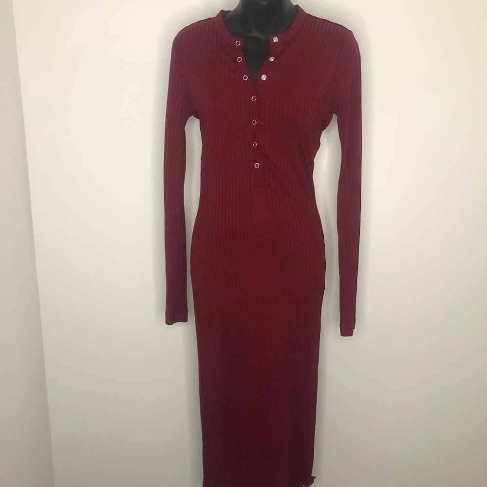 Fleur du Mal Raspberry Red Ribbed Long Sleeve Snap Button Dress Size Medium